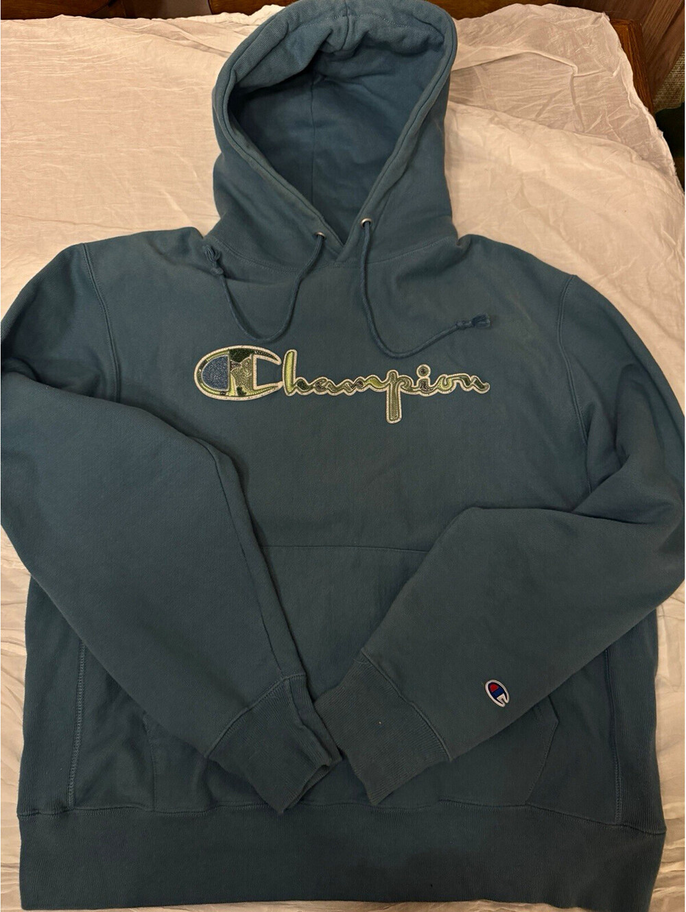 Champion Reverse Weave Men's L Blue Pullover Hoodie Fleece Logo Pockets